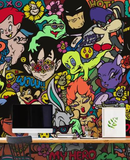 kleurrijke aanpasbare cartoon graffiti muurschildering genaamd My Hero van Grins Walls voor tienerkamers, thuiskantoren en mangrotten