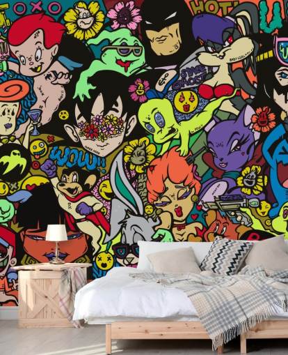kleurrijke aanpasbare cartoon graffiti muurschildering genaamd My Hero van Grins Walls voor tienerkamers, thuiskantoren en mangrotten