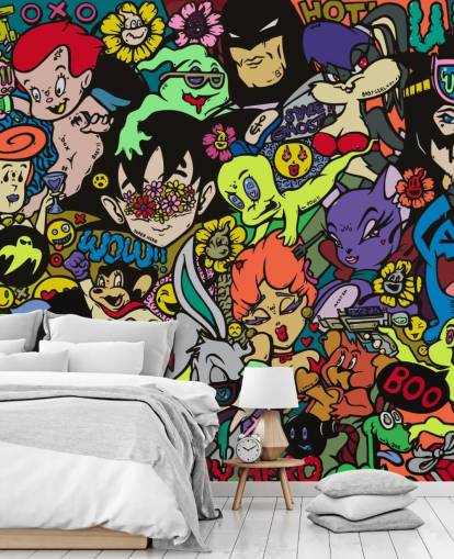 colourful customisable cartoon graffiti wall mural called My Hero by Grins Walls for teen bedrooms, home offices and man caves
