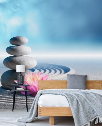Stacked Pebbles, Pink Lotus on Sand Wallpaper