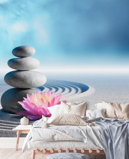 Stacked Pebbles, Pink Lotus on Sand Wallpaper