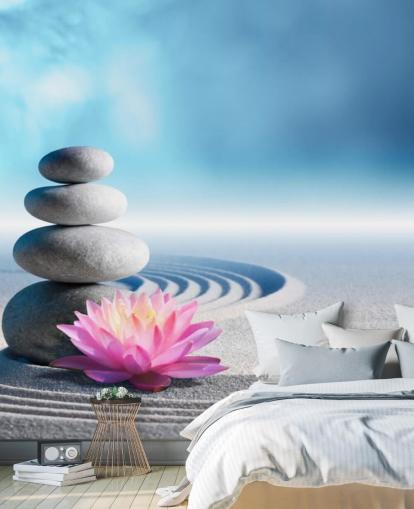 Gestapelte Kiesel, rosa Lotus auf Sand Tapete Gestapelte Kiesel, rosa Lotus auf Sand Tapete