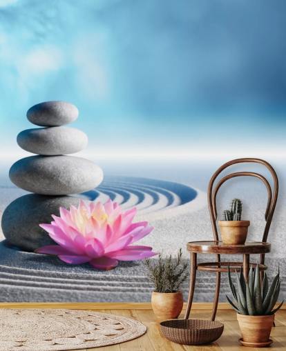 Stacked Pebbles, Pink Lotus on Sand Wallpaper