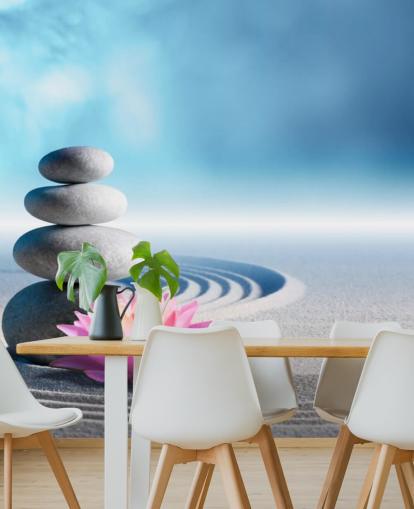 Stacked Pebbles, Pink Lotus on Sand Wallpaper