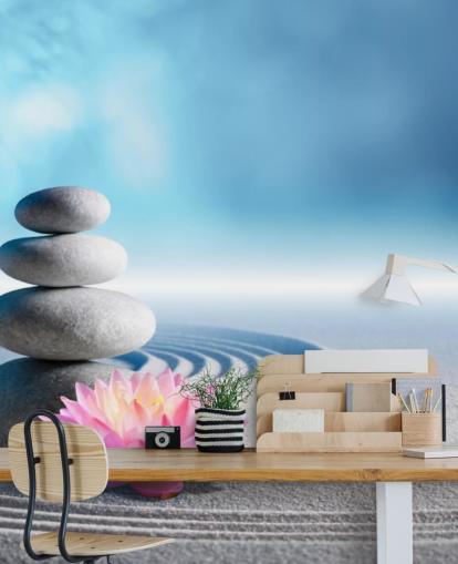 Stacked Pebbles, Pink Lotus on Sand Wallpaper Stacked Pebbles, Pink Lotus on Sand Wallpaper