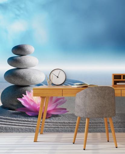 Stacked Pebbles, Pink Lotus on Sand Wallpaper