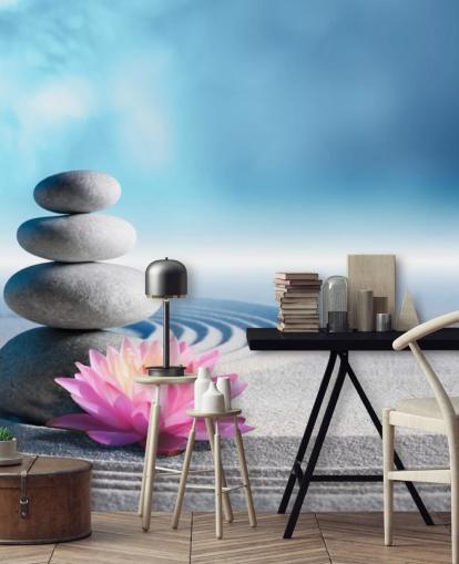 Stacked Pebbles, Pink Lotus on Sand Wallpaper