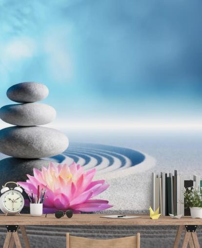Stacked Pebbles, Pink Lotus on Sand Wallpaper Stacked Pebbles, Pink Lotus on Sand Wallpaper