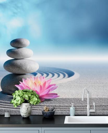 Stacked Pebbles, Pink Lotus on Sand Wallpaper