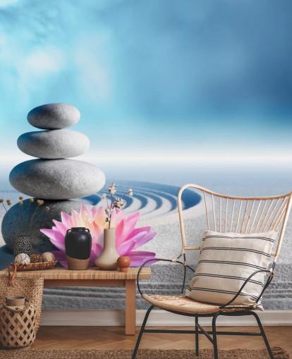 Stacked Pebbles, Pink Lotus on Sand Wallpaper