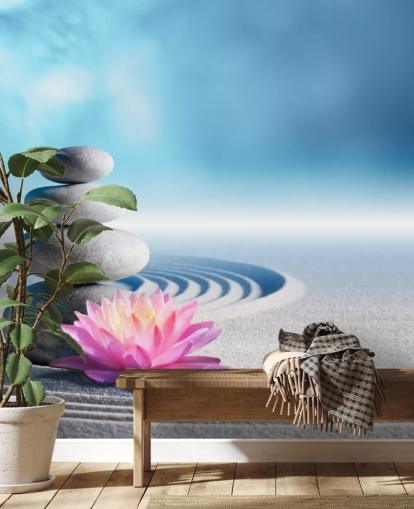 Papel pintado de guijarros apilados, loto rosa sobre arena Papel pintado de guijarros apilados, loto rosa sobre arena