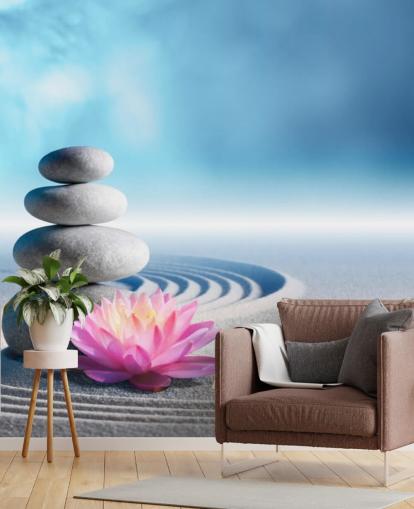 Stacked Pebbles, Pink Lotus on Sand Wallpaper