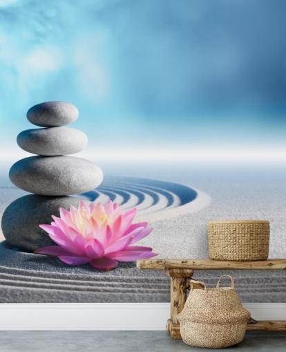 Stacked Pebbles, Pink Lotus on Sand Wallpaper