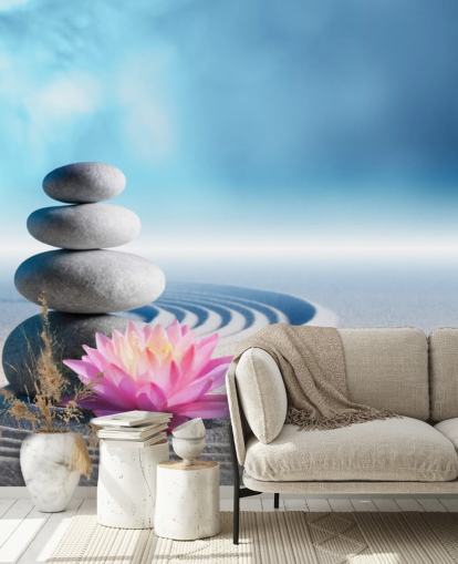 Stacked Pebbles, Pink Lotus on Sand Wallpaper