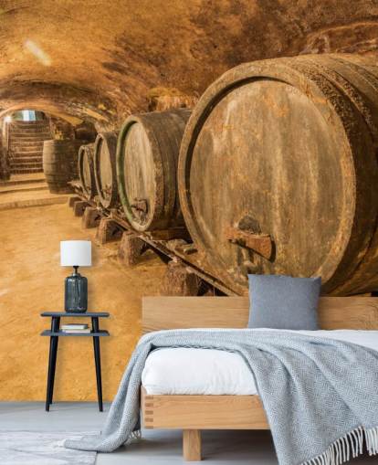 papier peint mural de cave à vin marron appelé Old Wine Barrels pour restaurants, cuisines et caves à vin