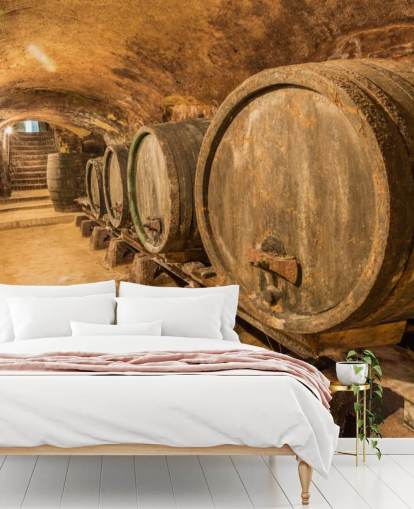 brun vinkällare tapetväggmålning kallad Old Wine Barrels för restauranger, kök och vinkällare