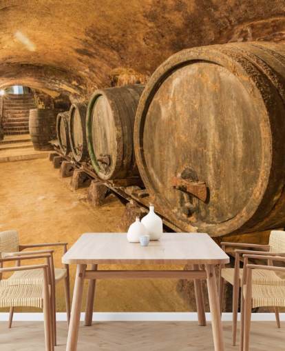 mural de papel pintado de bodega marrón llamado Old Wine Barrels para restaurantes, cocinas y bodegas