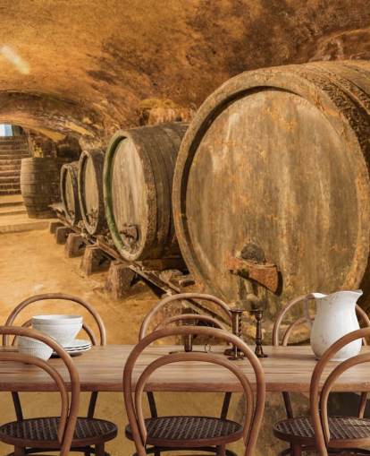 mural de papel pintado de bodega marrón llamado Old Wine Barrels para restaurantes, cocinas y bodegas