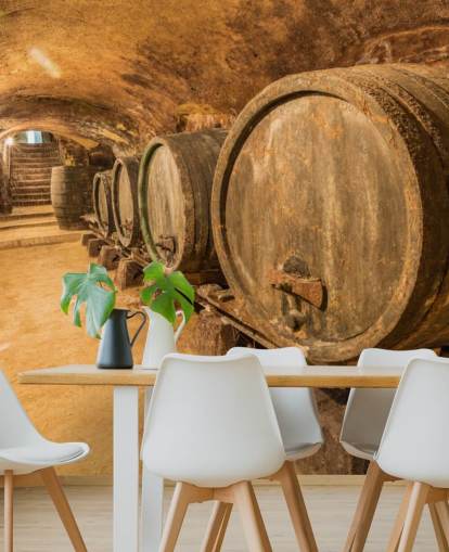 brun vinkælder tapet vægmaleri kaldet Old Wine Barrels til restauranter, køkkener og vinkældre