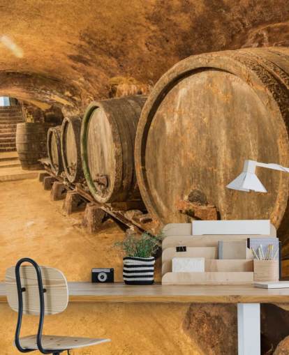 mural de papel pintado de bodega marrón llamado Old Wine Barrels para restaurantes, cocinas y bodegas mural de papel pintado de bodega marrón llamado Old Wine Barrels para restaurantes, cocinas y bodegas