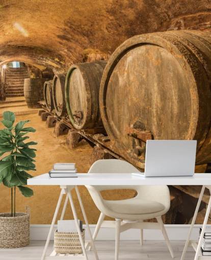 mural de papel de parede de adega marrom chamado Old Wine Barrels para restaurantes, cozinhas e adegas