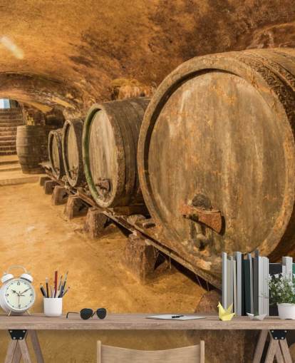 mural de papel pintado de bodega marrón llamado Old Wine Barrels para restaurantes, cocinas y bodegas