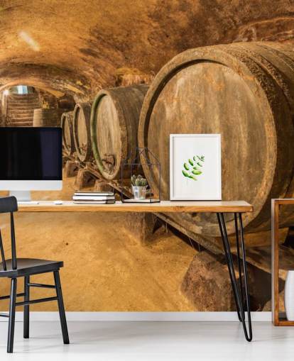 mural de papel pintado de bodega marrón llamado Old Wine Barrels para restaurantes, cocinas y bodegas