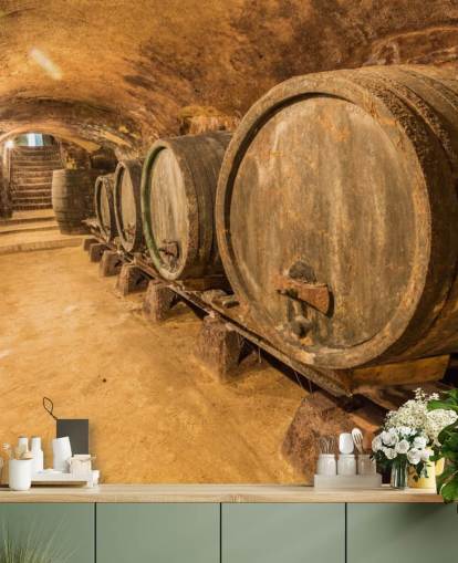 brown wine cellar wallpaper mural called Old Wine Barrels for restaurants, kitchens and wine cellars