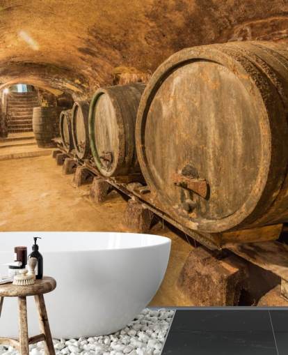 bruine wijnkelder muurschildering genaamd Old Wine Barrels voor restaurants, keukens en wijnkelders bruine wijnkelder muurschildering genaamd Old Wine Barrels voor restaurants, keukens en wijnkelders