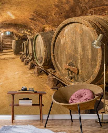 ruskean viinikellarin taustakuvamaalaus nimeltä Old Wine Barrels ravintoloihin, keittiöihin ja viinikellareihin