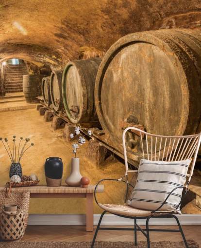 papier peint mural de cave à vin marron appelé Old Wine Barrels pour restaurants, cuisines et caves à vin