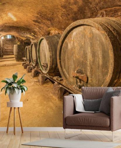 mural de papel pintado de bodega marrón llamado Old Wine Barrels para restaurantes, cocinas y bodegas