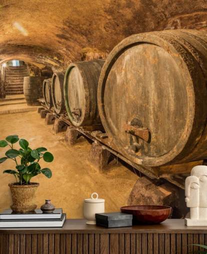 ruskean viinikellarin taustakuvamaalaus nimeltä Old Wine Barrels ravintoloihin, keittiöihin ja viinikellareihin ruskean viinikellarin taustakuvamaalaus nimeltä Old Wine Barrels ravintoloihin, keittiöihin ja viinikellareihin