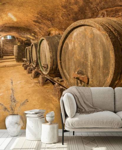 mural de papel pintado de bodega marrón llamado Old Wine Barrels para restaurantes, cocinas y bodegas