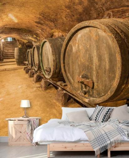 mural de papel pintado de bodega marrón llamado Old Wine Barrels para restaurantes, cocinas y bodegas