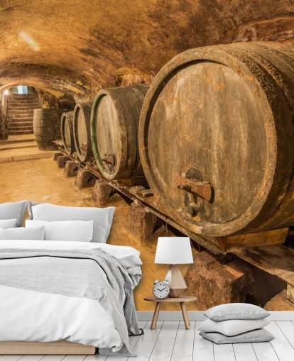 papier peint mural de cave à vin marron appelé Old Wine Barrels pour restaurants, cuisines et caves à vin