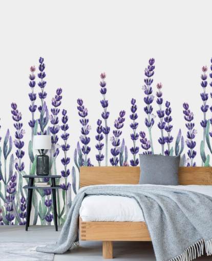 purple and green customisable floral border wallpaper mural called Growing Lavender for bedrooms and bathrooms
