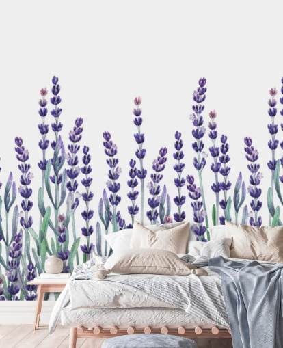 purple and green customisable floral border wallpaper mural called Growing Lavender for bedrooms and bathrooms