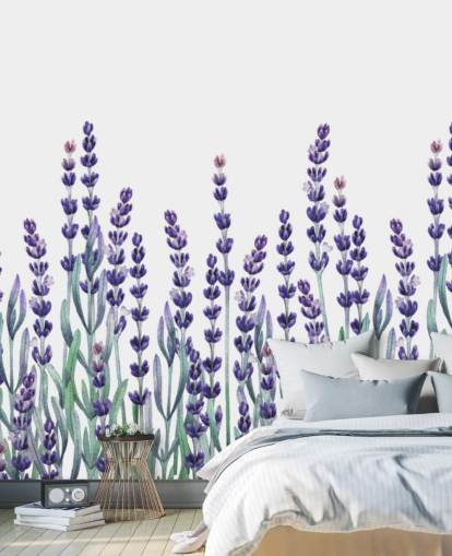 purple and green customisable floral border wallpaper mural called Growing Lavender for bedrooms and bathrooms
