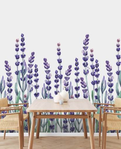 purple and green customisable floral border wallpaper mural called Growing Lavender for bedrooms and bathrooms