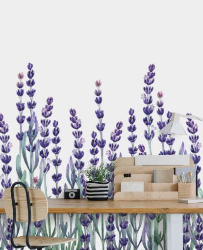 purple and green customisable floral border wallpaper mural called Growing Lavender for bedrooms and bathrooms