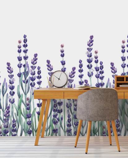 purple and green customisable floral border wallpaper mural called Growing Lavender for bedrooms and bathrooms
