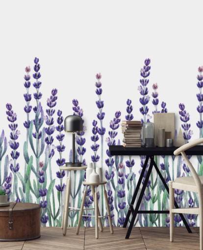 purple and green customisable floral border wallpaper mural called Growing Lavender for bedrooms and bathrooms