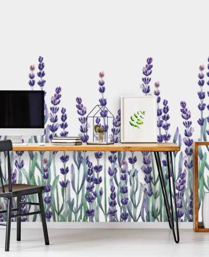 purple and green customisable floral border wallpaper mural called Growing Lavender for bedrooms and bathrooms