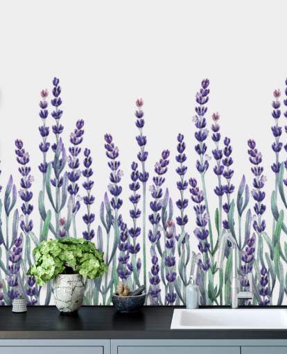purple and green customisable floral border wallpaper mural called Growing Lavender for bedrooms and bathrooms