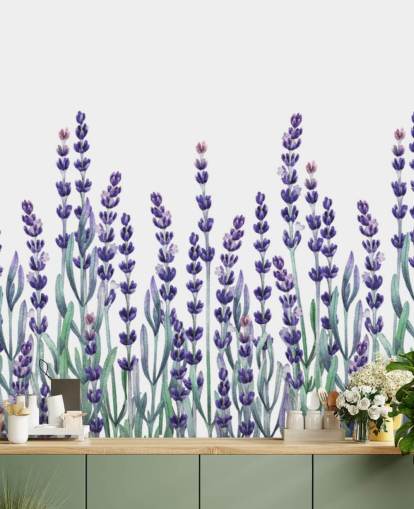purple and green customisable floral border wallpaper mural called Growing Lavender for bedrooms and bathrooms