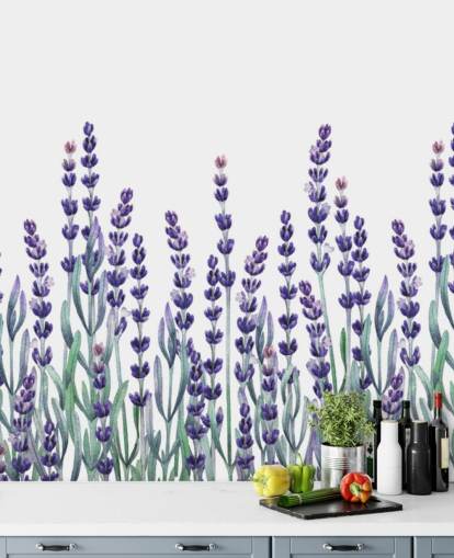purple and green customisable floral border wallpaper mural called Growing Lavender for bedrooms and bathrooms
