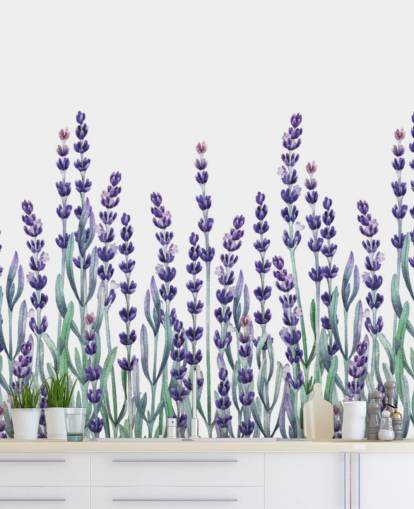 purple and green customisable floral border wallpaper mural called Growing Lavender for bedrooms and bathrooms