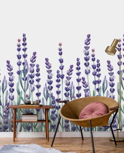purple and green customisable floral border wallpaper mural called Growing Lavender for bedrooms and bathrooms