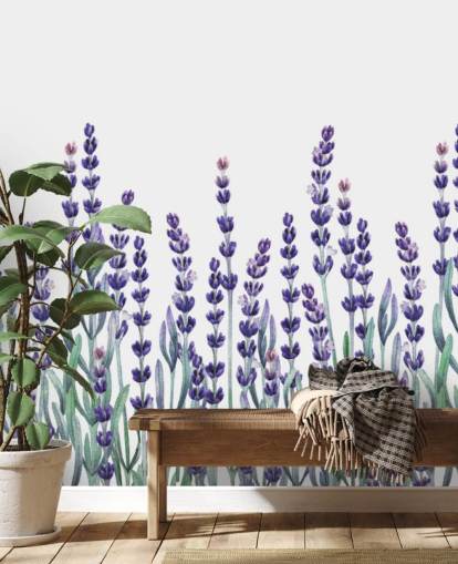 purple and green customisable floral border wallpaper mural called Growing Lavender for bedrooms and bathrooms